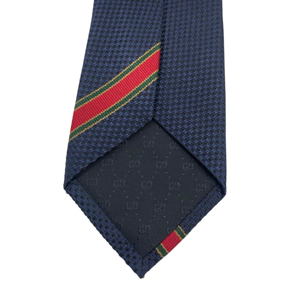 Gucci The Ricand Woven 100% Silk Tie Navy Green Red Stripe - Picture 7 of 8